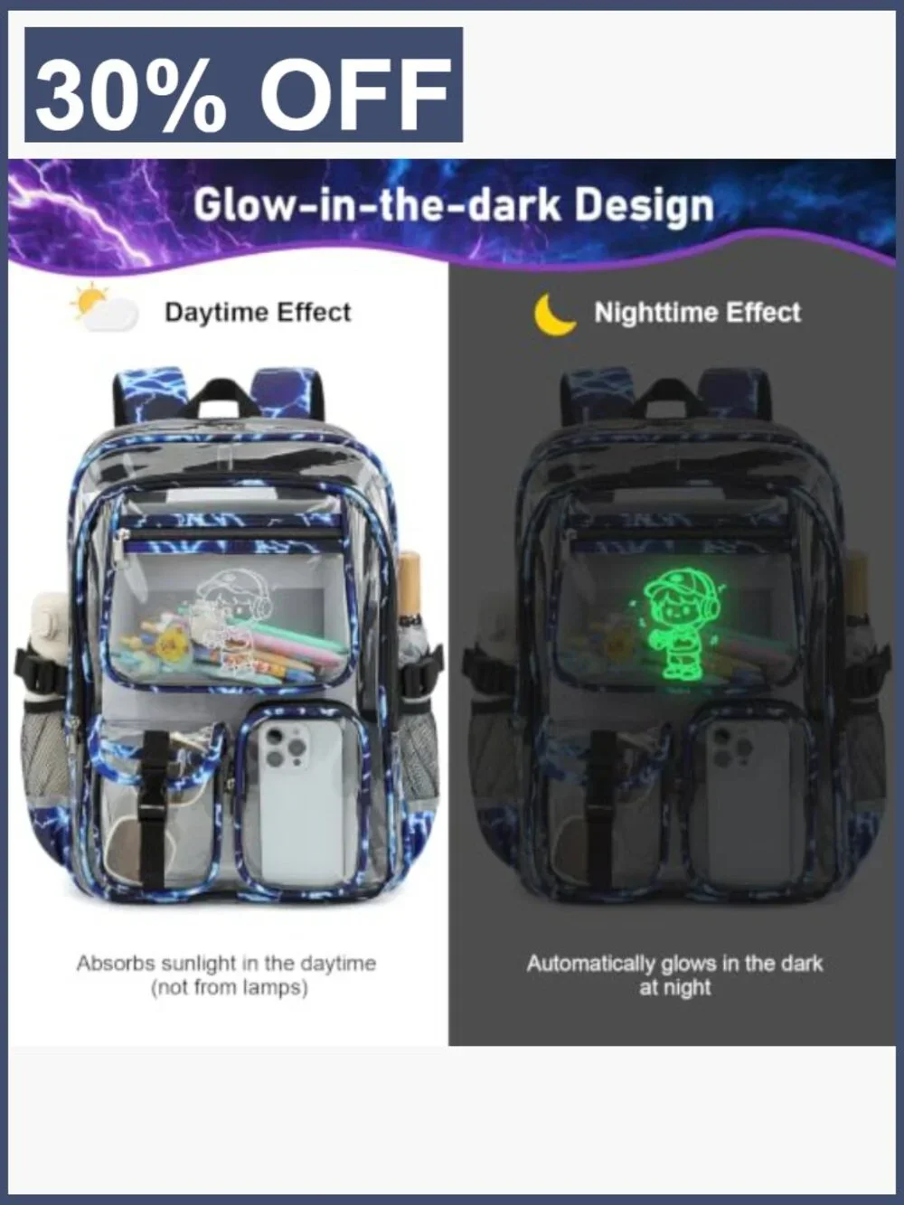 Clear Backpack for Boys Men, Luminous Anime PVC Transparent Backpack School